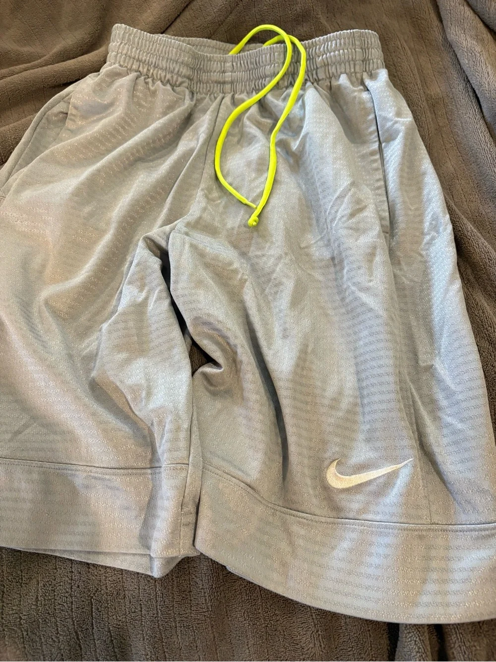 Nike Men’s Gray Athletic Shorts with Neon Yellow Drawcord